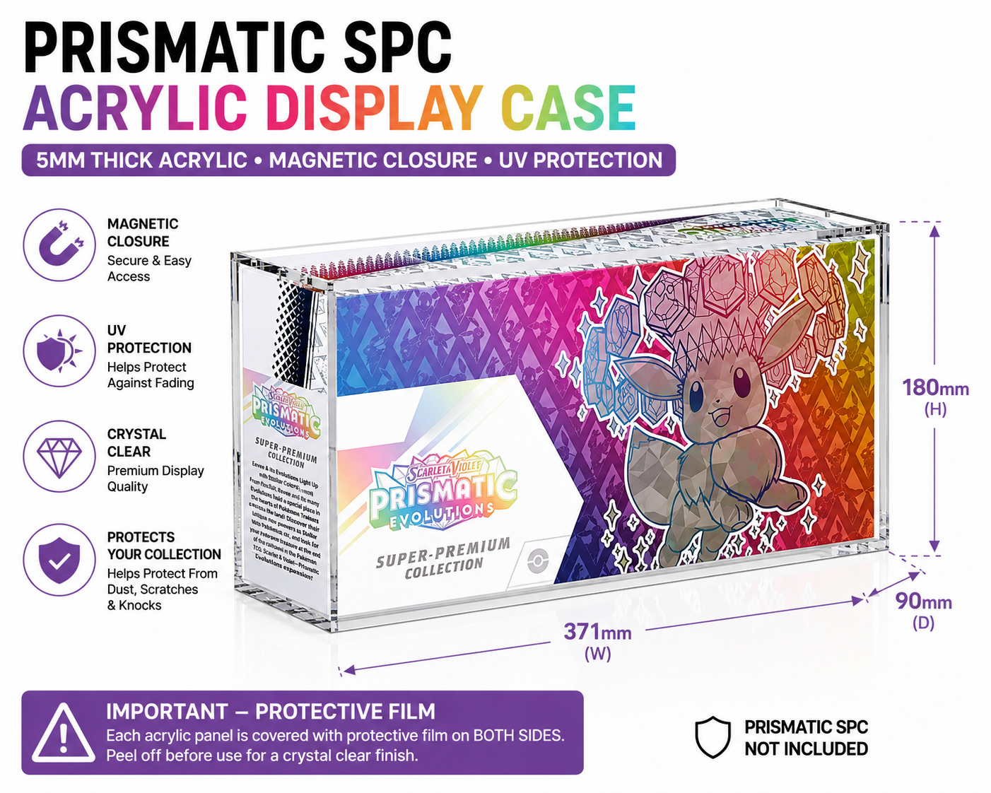 Prismatic SPC acrylic display case for Pokémon Super Premium Collection, shown on a white background with dimensions, feature icons, and a warning that the protective film is not included.