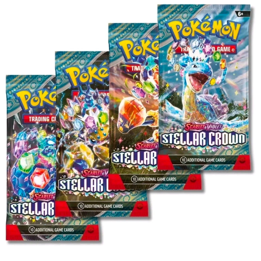 Pokémon trading card game packs featuring 'Scarlet & Violet Stellar Crown' on a white background.