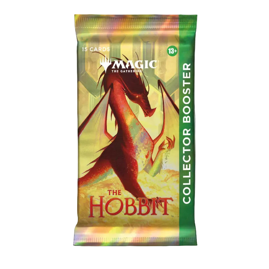 A Magic: The Gathering collector booster pack for The Hobbit, featuring a red dragon illustration on a gold and green background with an iridescent foil finish.
