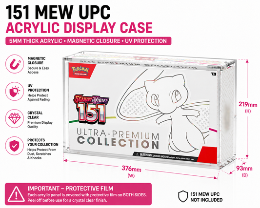 A clear acrylic display case for a Pokémon TCG 151 Mew UPC collection, shown on a white background with red and pink text callouts detailing its dimensions (219mm height, 376mm width, 93mm depth) and features like magnetic closure, UV protection, and crystal clear display quality.