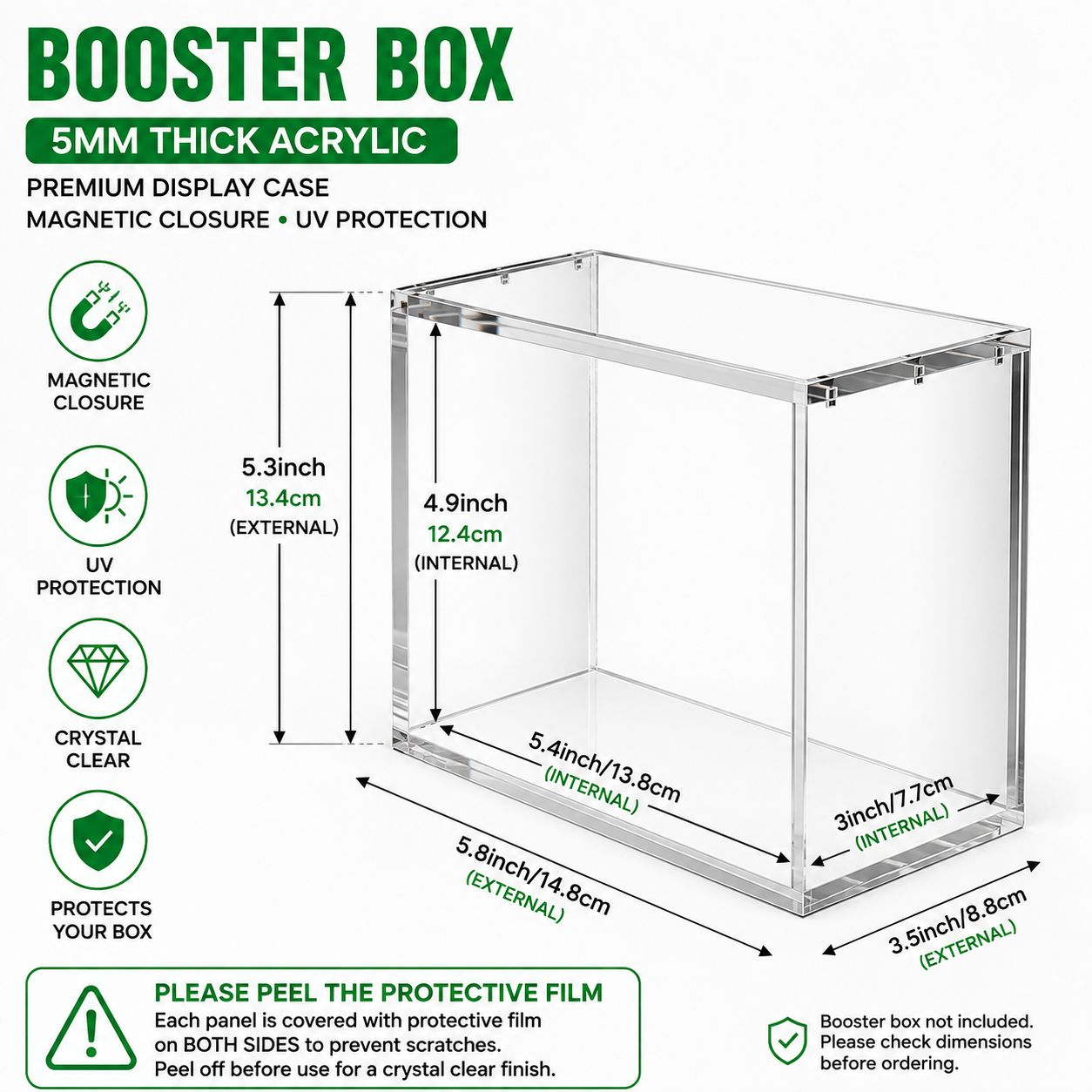 A clear acrylic booster box display case with dimension labels and feature icons on a white background. Text reads 'BOOSTER BOX' and shows measurements for external and internal dimensions, plus icons for magnetic closure, UV protection, crystal clear, and protection against scratches.