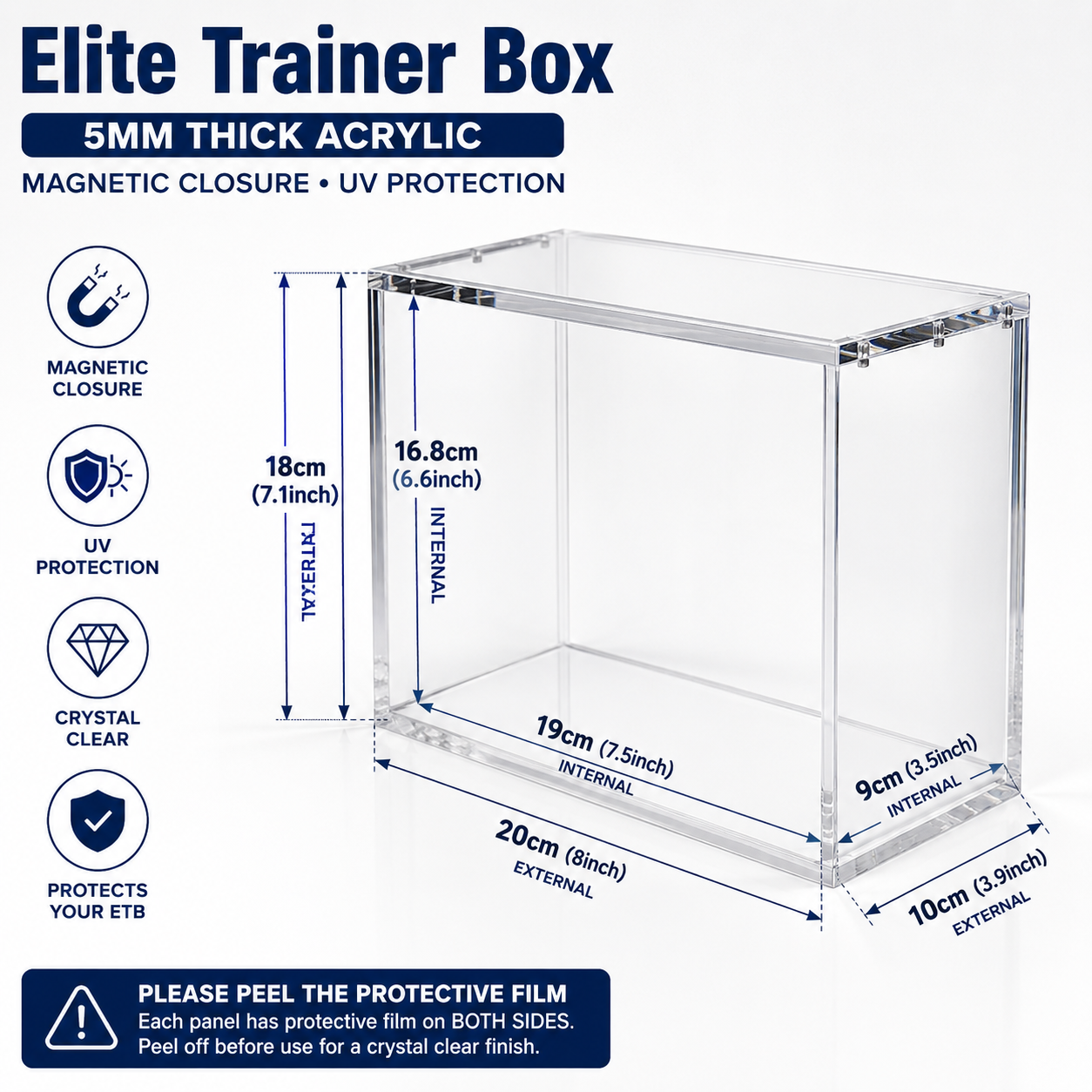 Clear acrylic Elite Trainer Box with dimension callouts showing internal and external measurements, plus icons for magnetic closure, UV protection, crystal clear, and protection against your ETB.