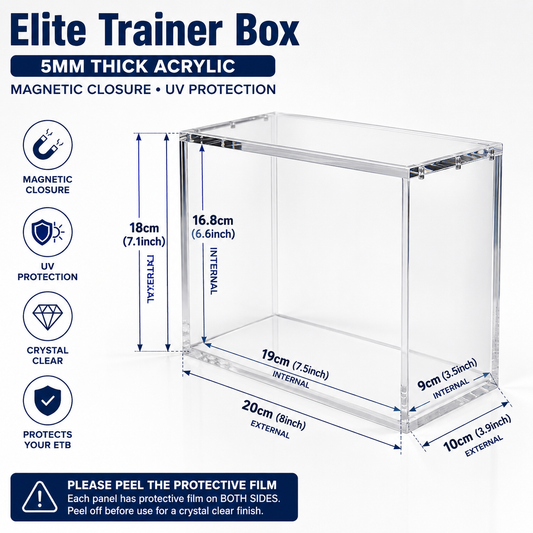 Clear acrylic Elite Trainer Box with dimension callouts showing internal and external measurements, plus icons for magnetic closure, UV protection, crystal clear, and protection against your ETB.