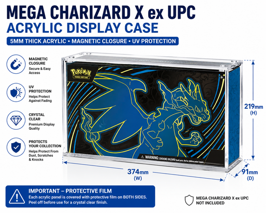 A product infographic for a MEGA CHARIZARD X ex UPC acrylic display case. The image shows the clear acrylic case containing a black and blue MEGA CHARIZARD X graphic with yellow line art, along with dimensions (374mm W, 219mm H, 91mm D), feature icons, and a warning about protective film.