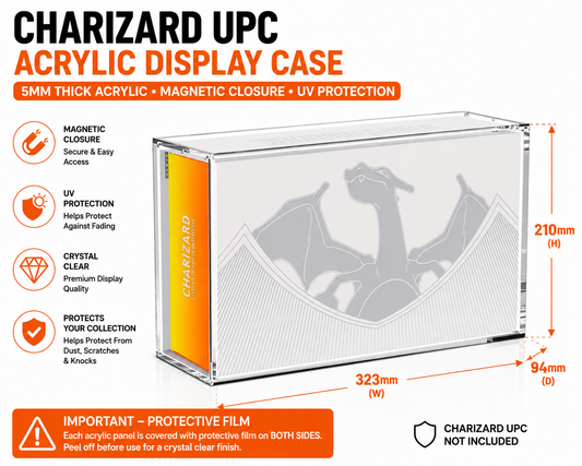Charizard UPC acrylic display case dimensions diagram showing 210mm height, 323mm width, and 94mm depth, with feature callouts for magnetic closure, UV protection, crystal clear display quality, and dust protection on a white background.