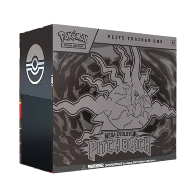 Pokémon Trading Card Game Elite Trainer Box for Mega Evolution Pitch Black, featuring a dark gray and black box with a stylized Pitch Black illustration and the Pokémon logo.