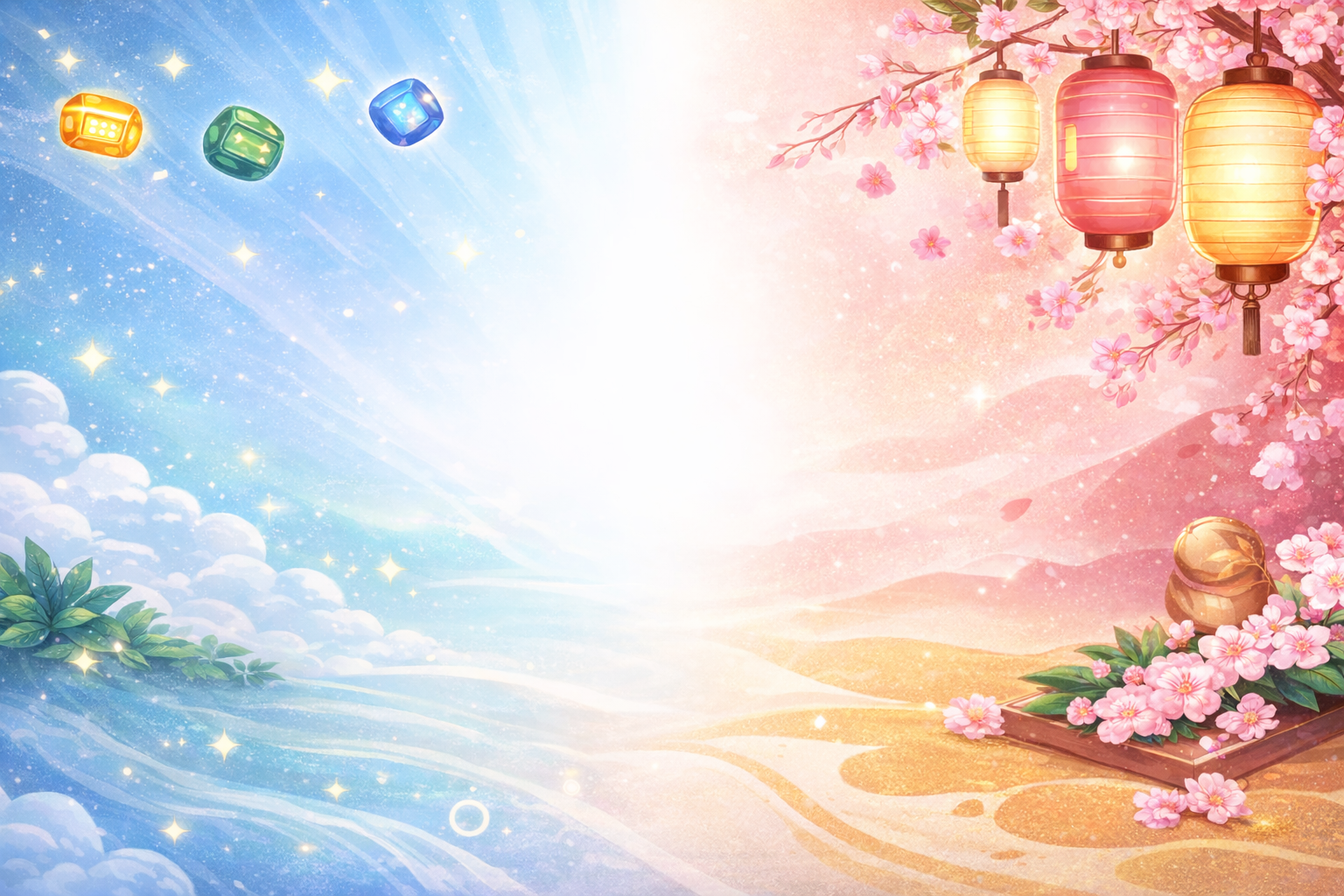 Website banner background with blue sky clouds, glowing sparkles, cherry blossoms, and lanterns