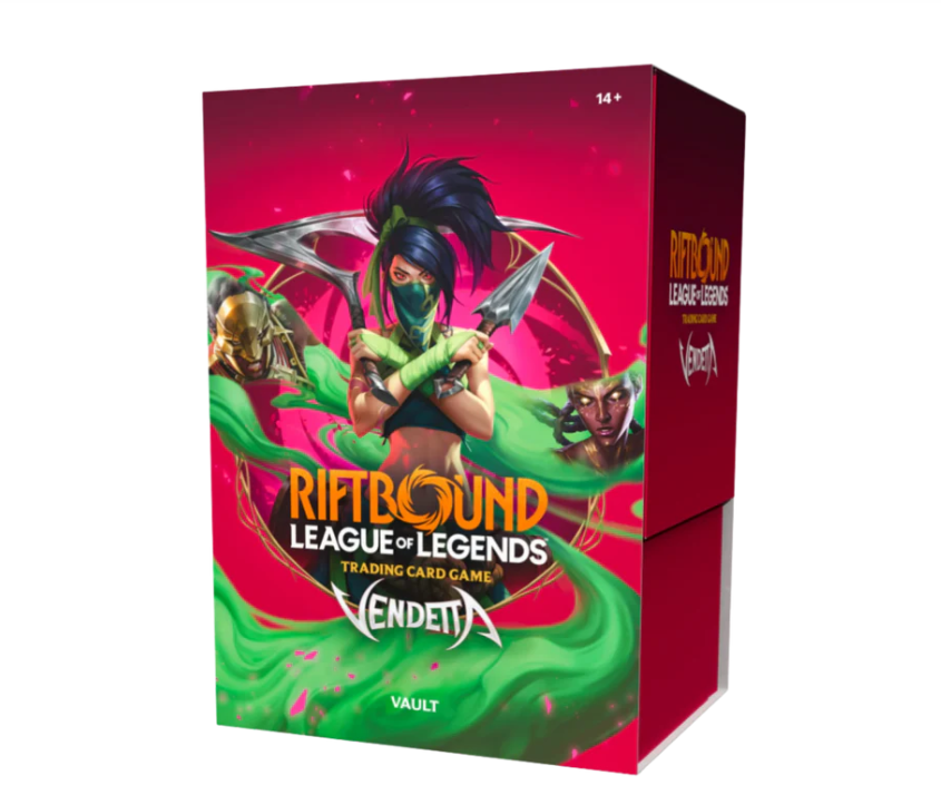 Riftbound League of Legends trading card game box for Vendetta, featuring a vibrant pink and green design with League of Legends character artwork, shown on a clean white background.