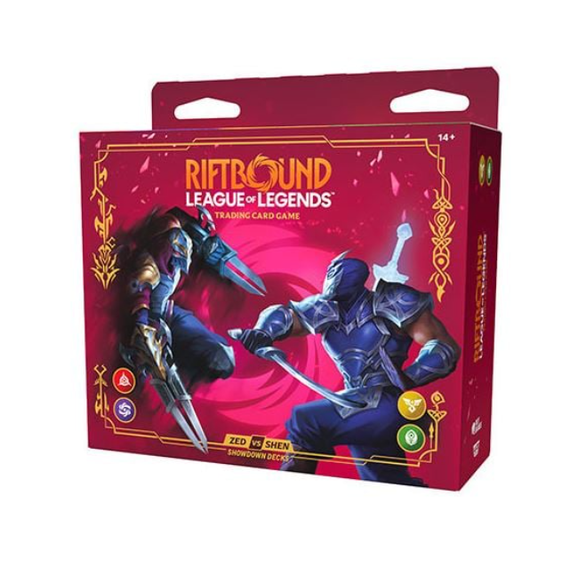 Riftbound League of Legends trading card game box on a plain white background, featuring illustrated characters and the Riftbound title.